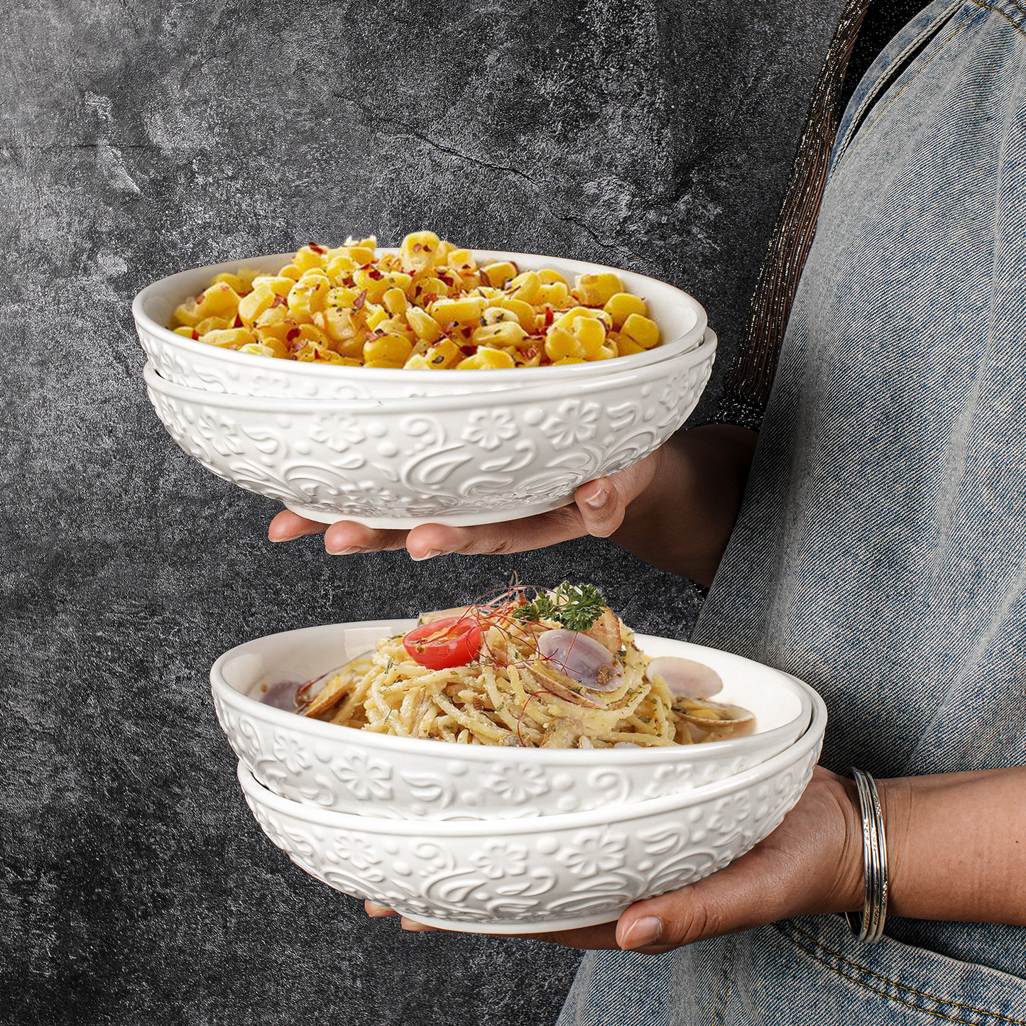 Artena 8 Inch Ceramic Pasta Bowls Set of 8 – 32 oz Large Salad, Soup & Serving Bowls with Embossed Designs - Microwave Safe Dinner Plates & Kitchen Dishes