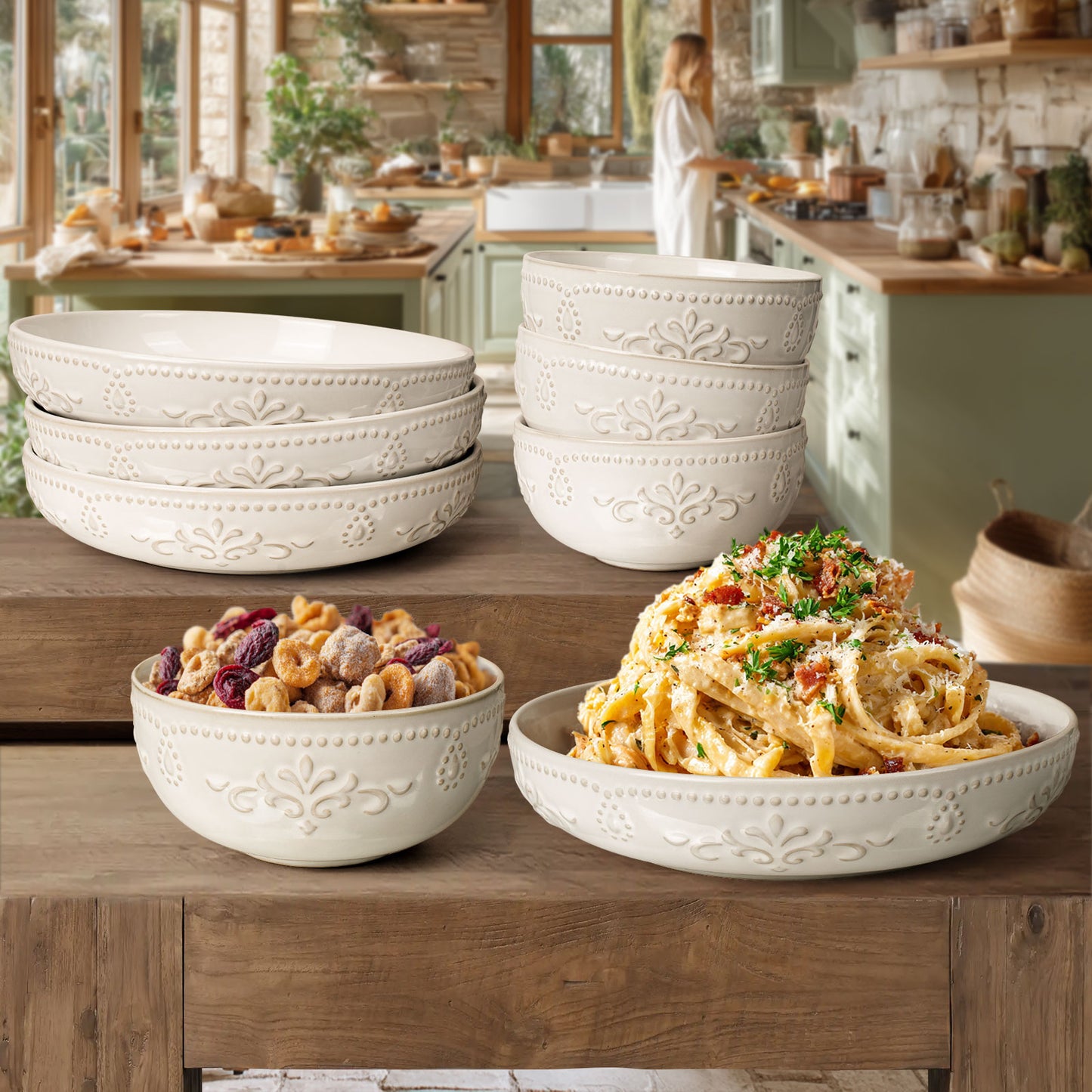 Artena 8-Piece Ceramic Dinnerware Set, 4pcs 9.75 Large Pasta Bowls + 4pcs 6.3 Soup Bowls, Embossment Collection, White