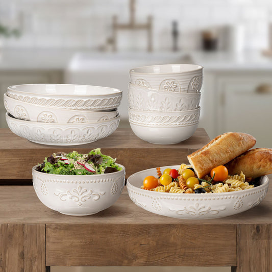 Artena 8-Piece Ceramic Dinnerware Set, 4pcs 9.75 Large Pasta Bowls + 4pcs 6.3 Soup Bowls, Embossment Collection, White