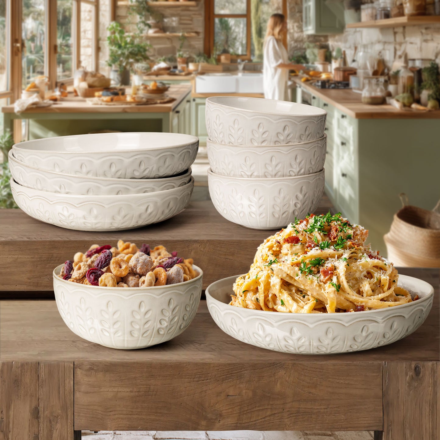 Artena 8-Piece Ceramic Dinnerware Set, 4pcs 9.75 Large Pasta Bowls + 4pcs 6.3 Soup Bowls, Embossment Collection, White