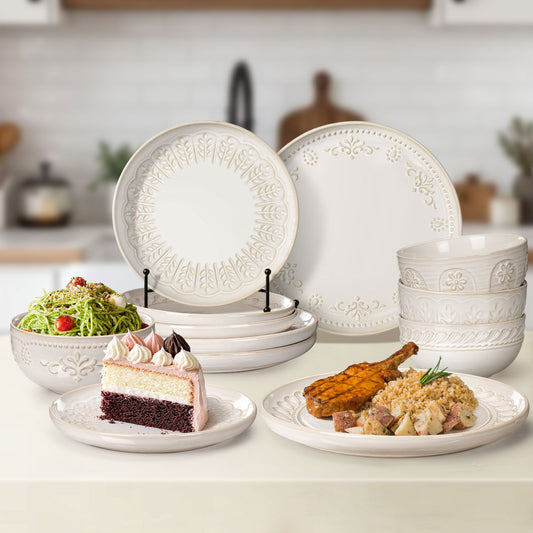 Artena 12-Piece Ceramic Dinnerware Set - Handcrafted Embossed Plates & Bowls | Food-Safe SGS Certified | Stackable (4 Dinner Plates, 4 Salad Plates, 4 Soup Bowls)