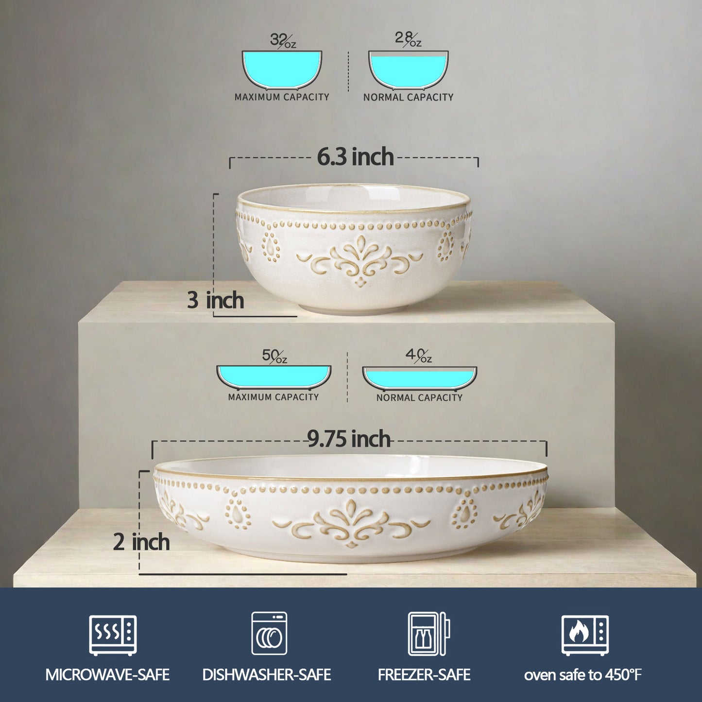 Artena 8-Piece Ceramic Dinnerware Set, 4pcs 9.75 Large Pasta Bowls + 4pcs 6.3 Soup Bowls, Embossment Collection, White