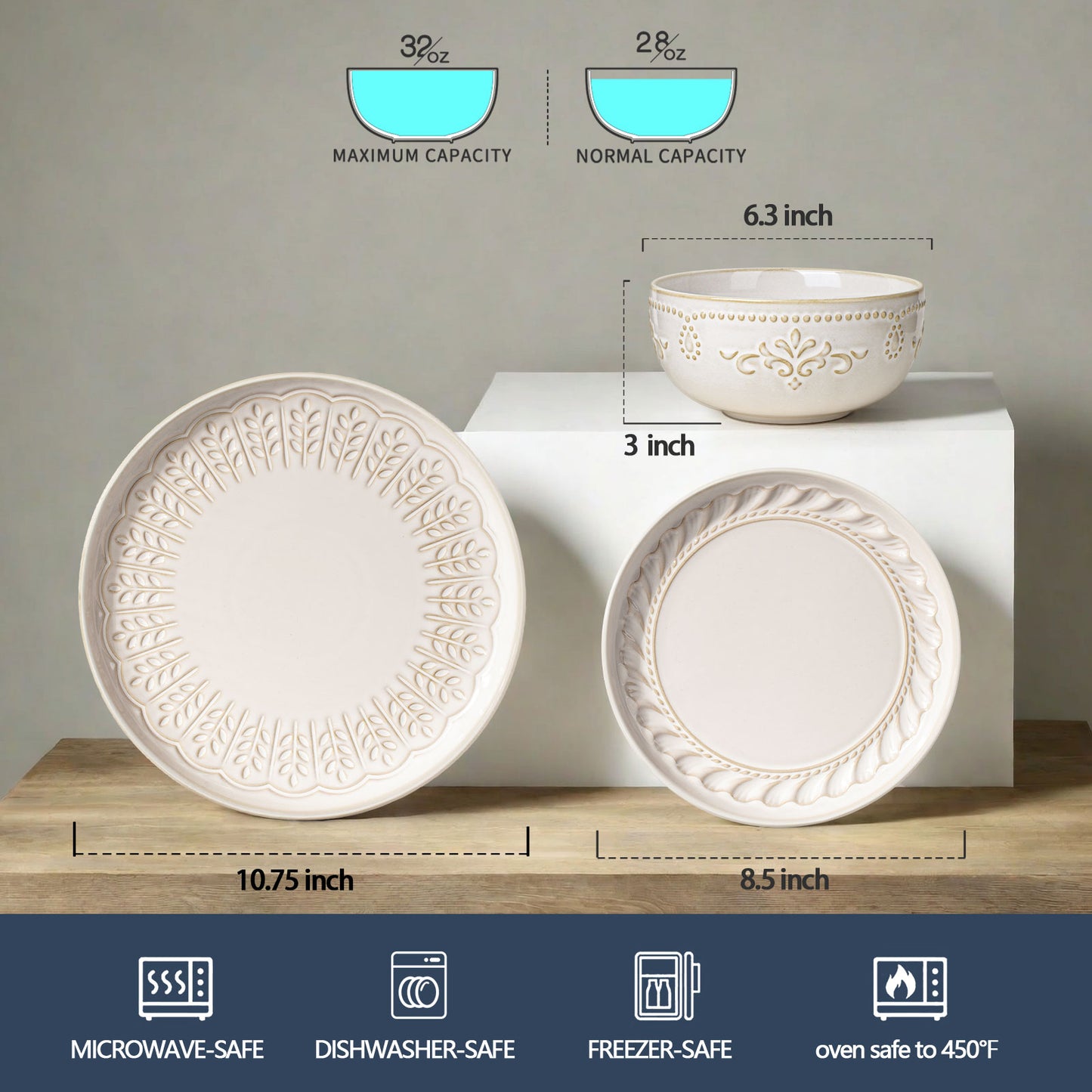 Artena 12-Piece Ceramic Dinnerware Set - Handcrafted Embossed Plates & Bowls | Food-Safe SGS Certified | Stackable (4 Dinner Plates, 4 Salad Plates, 4 Soup Bowls)