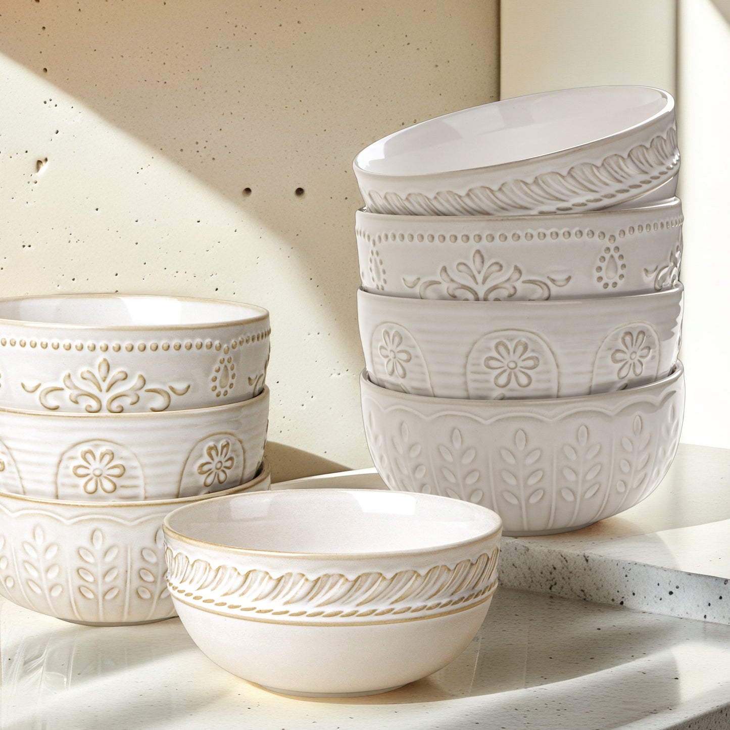 Artena 8-Piece Ceramic Dinnerware Set, 4pcs 9.75 Large Pasta Bowls + 4pcs 6.3 Soup Bowls, Embossment Collection, White
