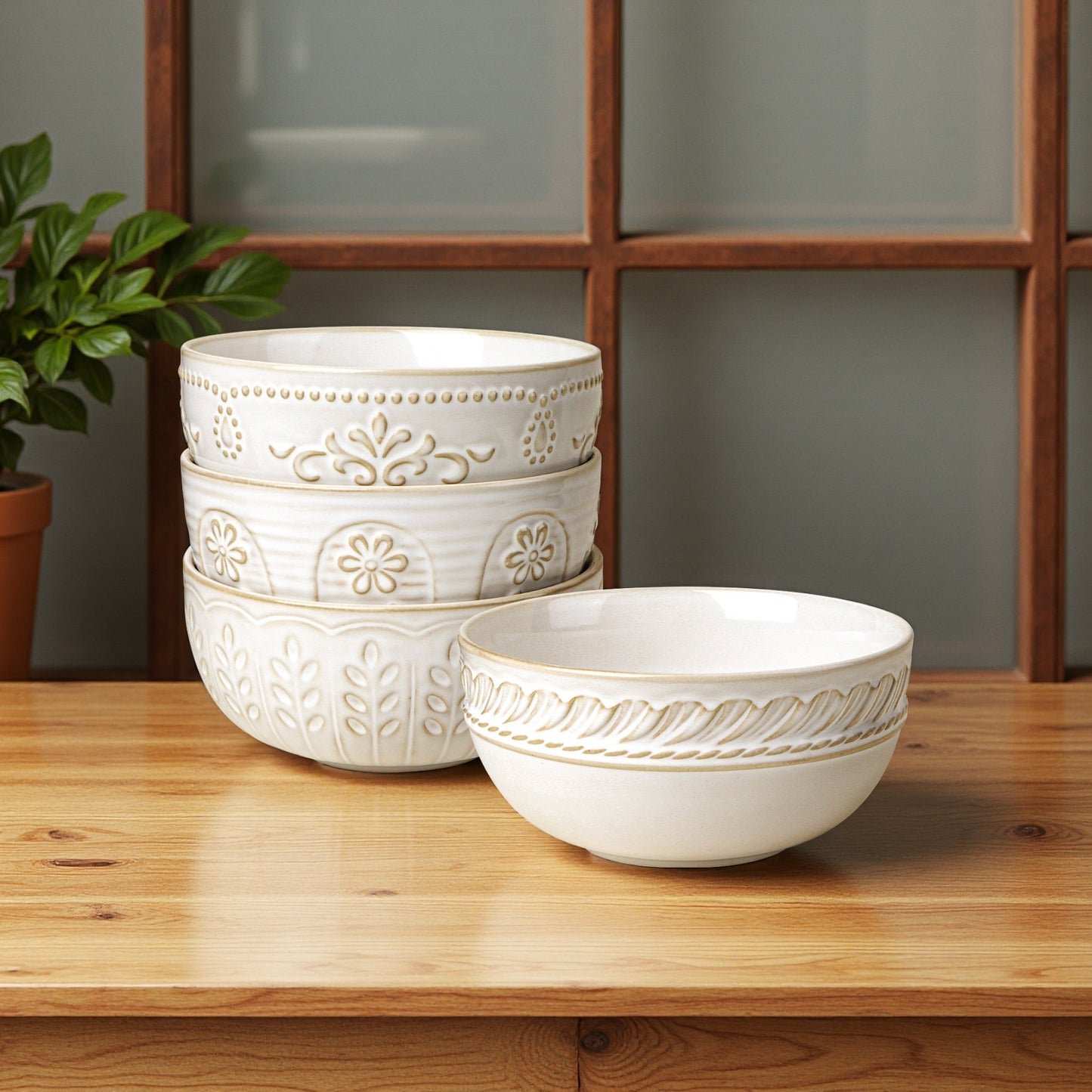 Artena 12-Piece Ceramic Dinnerware Set - Handcrafted Embossed Plates & Bowls | Food-Safe SGS Certified | Stackable (4 Dinner Plates, 4 Salad Plates, 4 Soup Bowls)