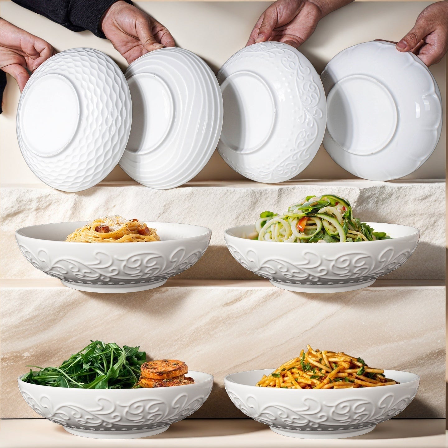 Artena 8 Inch Ceramic Pasta Bowls Set of 8 – 32 oz Large Salad, Soup & Serving Bowls with Embossed Designs - Microwave Safe Dinner Plates & Kitchen Dishes