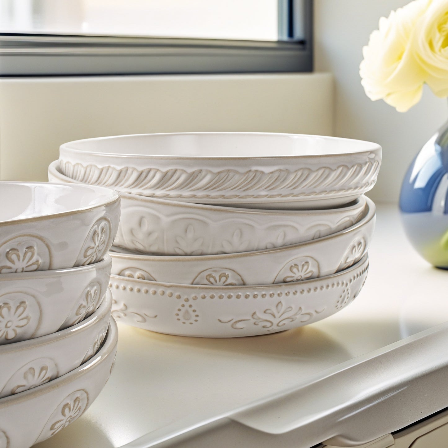 Artena 8-Piece Ceramic Dinnerware Set, 4pcs 9.75 Large Pasta Bowls + 4pcs 6.3 Soup Bowls, Embossment Collection, White