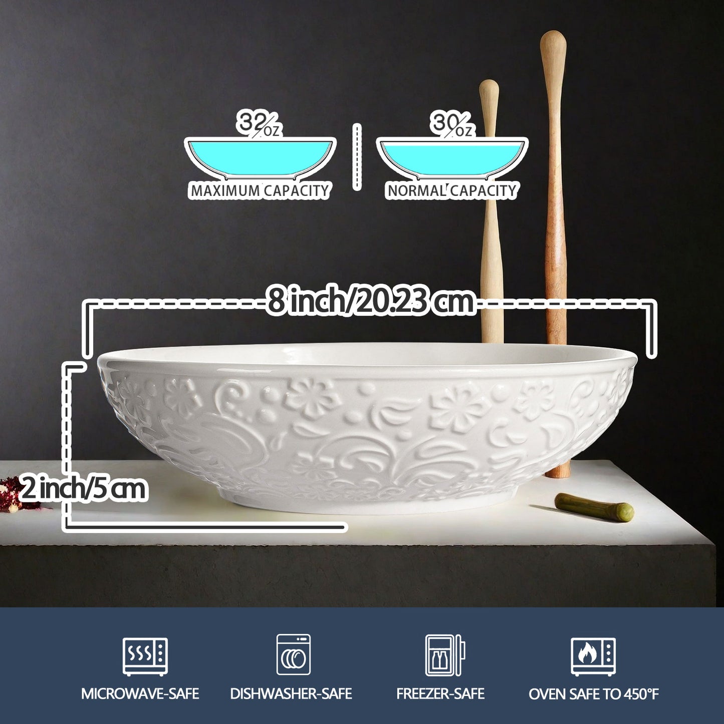 Artena 8 Inch Ceramic Pasta Bowls Set of 8 – 32 oz Large Salad, Soup & Serving Bowls with Embossed Designs - Microwave Safe Dinner Plates & Kitchen Dishes