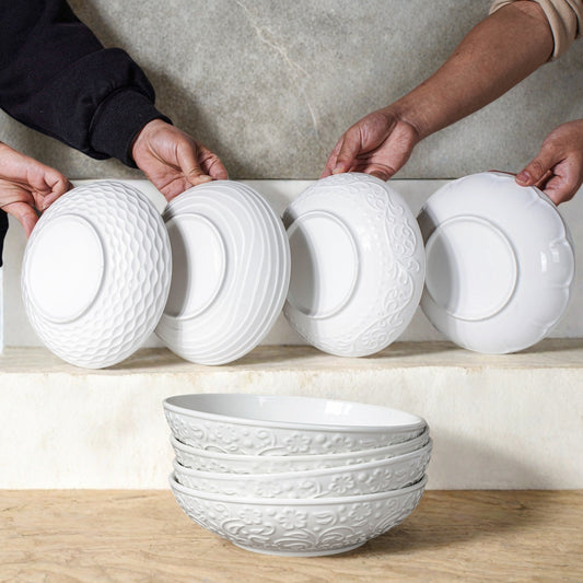 Artena 8 Inch Ceramic Pasta Bowls Set of 8 – 32 oz Large Salad, Soup & Serving Bowls with Embossed Designs - Microwave Safe Dinner Plates & Kitchen Dishes