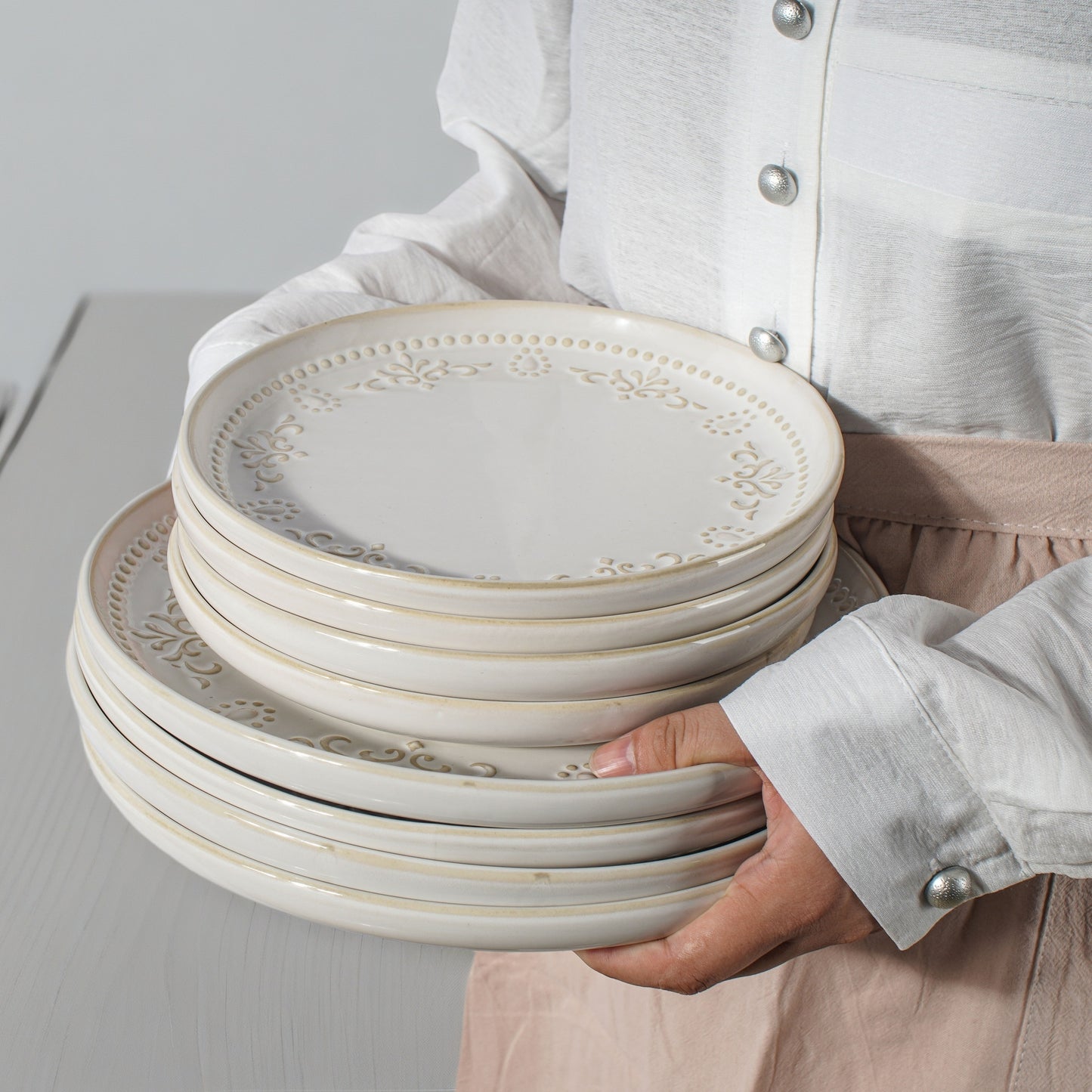 Artena 12-Piece Ceramic Dinnerware Set - Handcrafted Embossed Plates & Bowls | Food-Safe SGS Certified | Stackable (4 Dinner Plates, 4 Salad Plates, 4 Soup Bowls)
