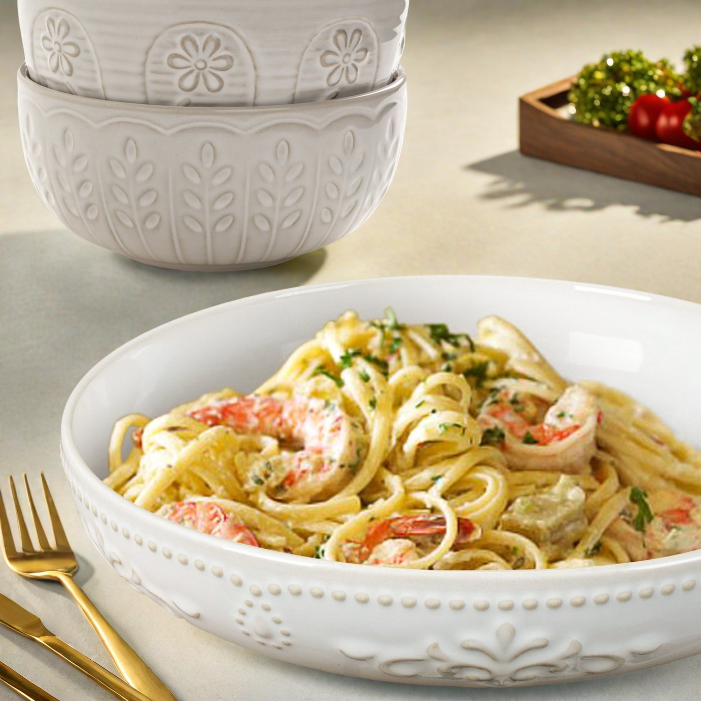 Artena 8-Piece Ceramic Dinnerware Set, 4pcs 9.75 Large Pasta Bowls + 4pcs 6.3 Soup Bowls, Embossment Collection, White