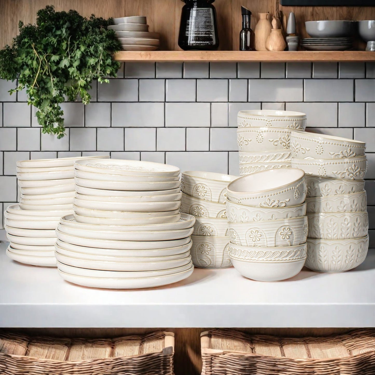 Artena 12-Piece Ceramic Dinnerware Set - Handcrafted Embossed Plates & Bowls | Food-Safe SGS Certified | Stackable (4 Dinner Plates, 4 Salad Plates, 4 Soup Bowls)
