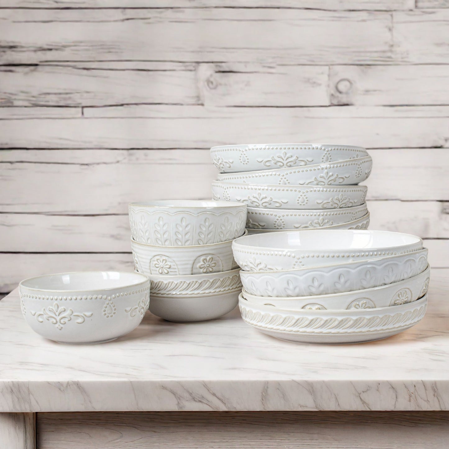 Artena 8-Piece Ceramic Dinnerware Set, 4pcs 9.75 Large Pasta Bowls + 4pcs 6.3 Soup Bowls, Embossment Collection, White