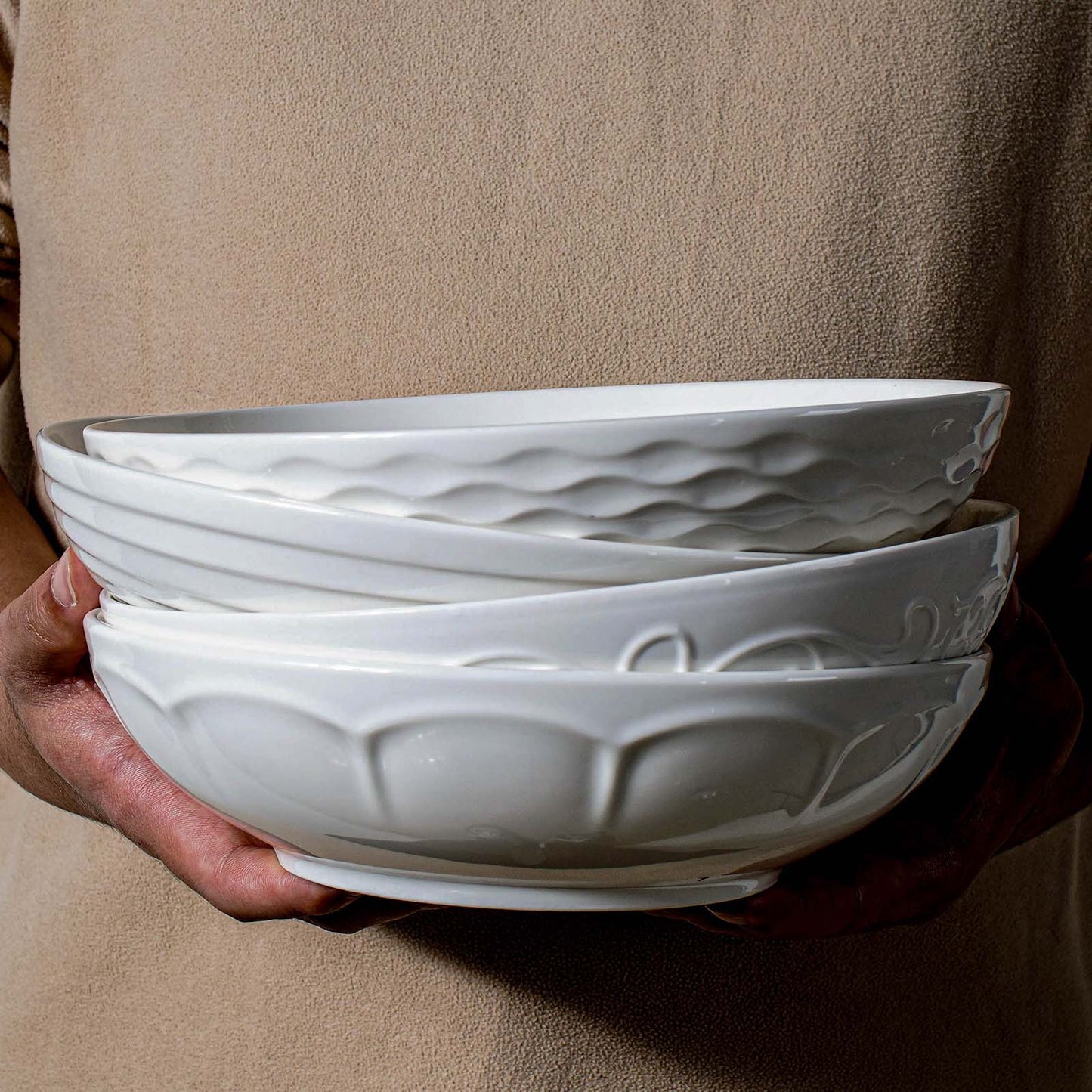 Artena 8 Inch Ceramic Pasta Bowls Set of 8 – 32 oz Large Salad, Soup & Serving Bowls with Embossed Designs - Microwave Safe Dinner Plates & Kitchen Dishes