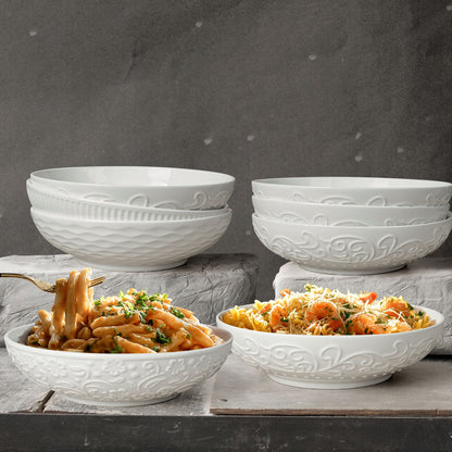 Artena 8 Inch Ceramic Pasta Bowls Set of 8 – 32 oz Large Salad, Soup & Serving Bowls with Embossed Designs - Microwave Safe Dinner Plates & Kitchen Dishes