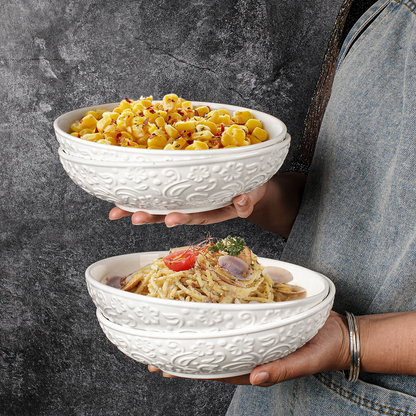 Artena 8 Inch Ceramic Pasta Bowls Set of 8 – 32 oz Large Salad, Soup & Serving Bowls with Embossed Designs - Microwave Safe Dinner Plates & Kitchen Dishes