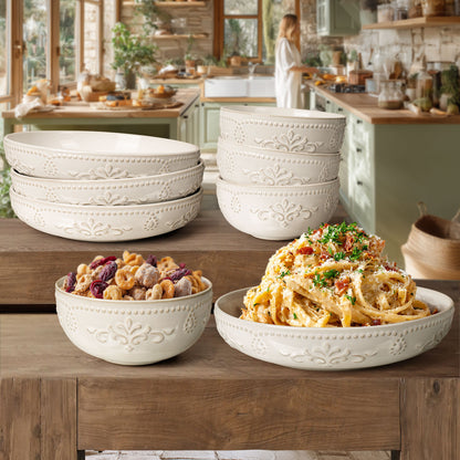 Artena 8-Piece Ceramic Dinnerware Set, 4pcs 9.75 Large Pasta Bowls + 4pcs 6.3 Soup Bowls, Embossment Collection, White