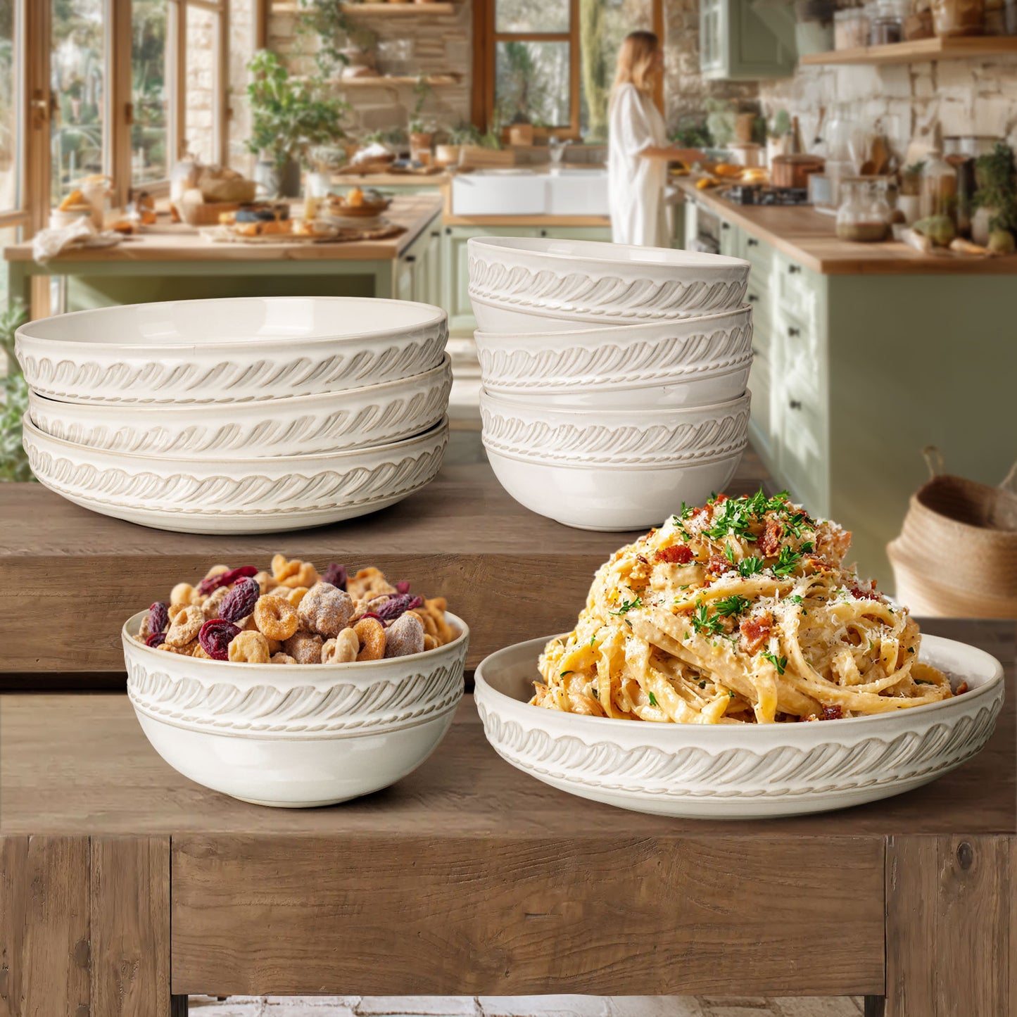 Artena 8-Piece Ceramic Dinnerware Set, 4pcs 9.75 Large Pasta Bowls + 4pcs 6.3 Soup Bowls, Embossment Collection, White