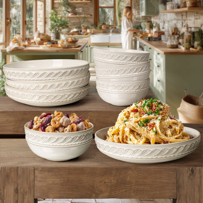 Artena 8-Piece Ceramic Dinnerware Set, 4pcs 9.75 Large Pasta Bowls + 4pcs 6.3 Soup Bowls, Embossment Collection, White