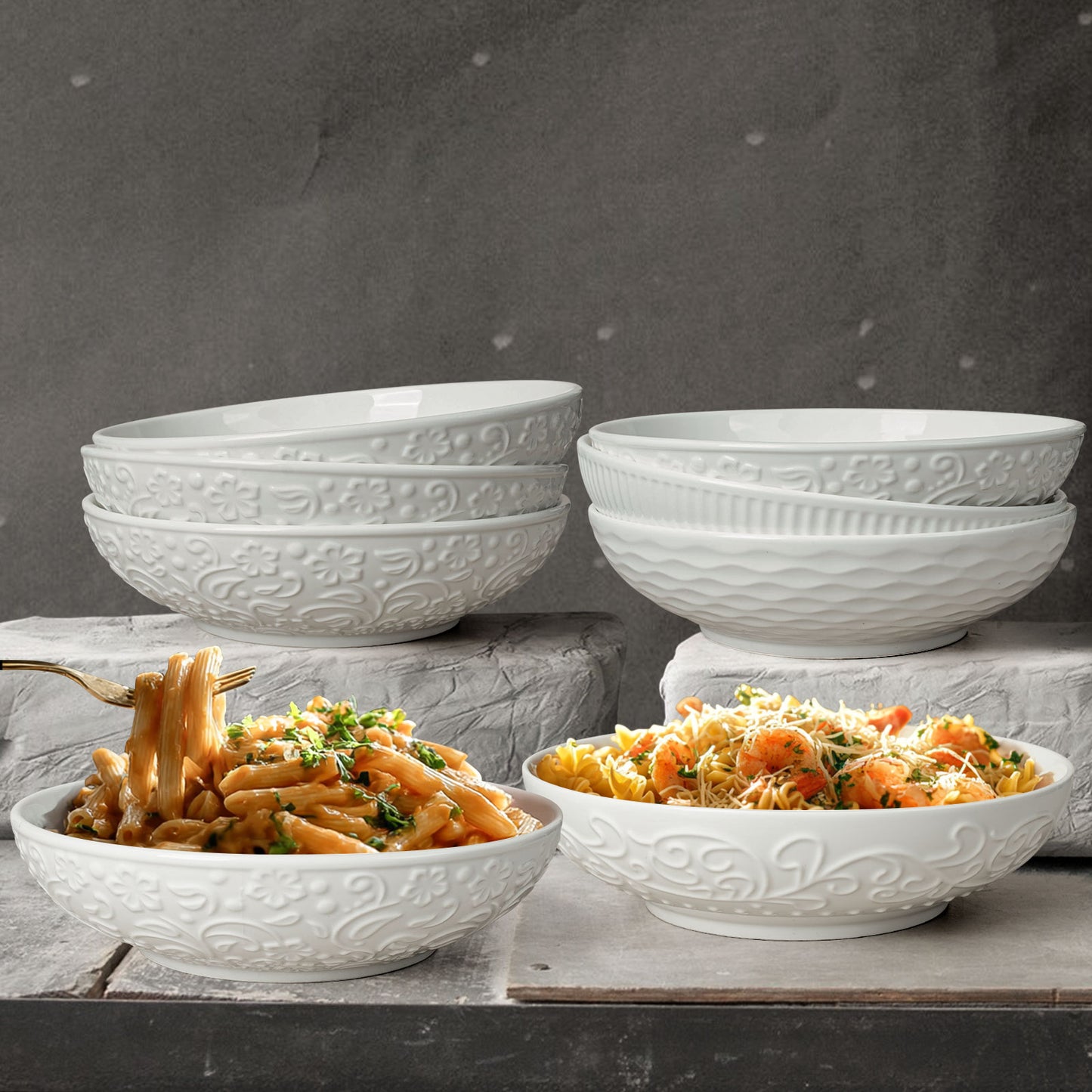 Artena 8 Inch Ceramic Pasta Bowls Set of 8 – 32 oz Large Salad, Soup & Serving Bowls with Embossed Designs - Microwave Safe Dinner Plates & Kitchen Dishes