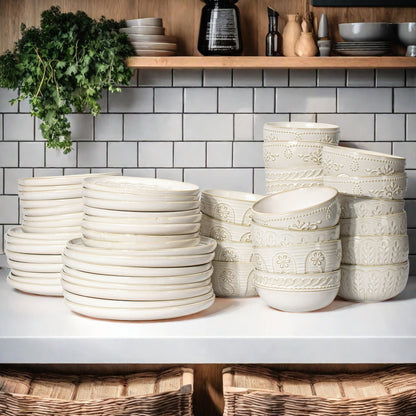 Artena 12-Piece Ceramic Dinnerware Set - Handcrafted Embossed Plates & Bowls | Food-Safe SGS Certified | Stackable (4 Dinner Plates, 4 Salad Plates, 4 Soup Bowls)